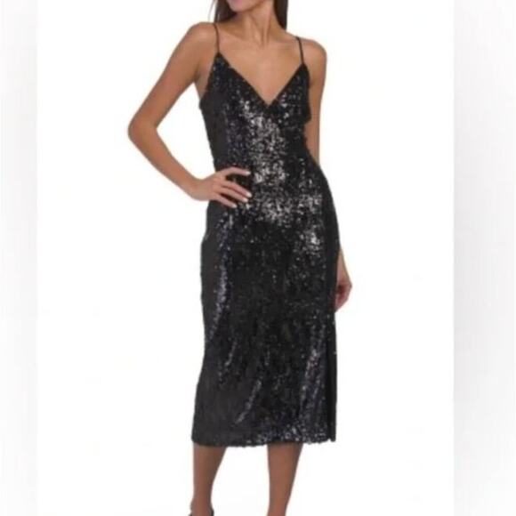 Ramy Brook Leanne Dress Midi Black Sequin Surplice V-Neck Sleeveless 8 NEW - Picture 1 of 10